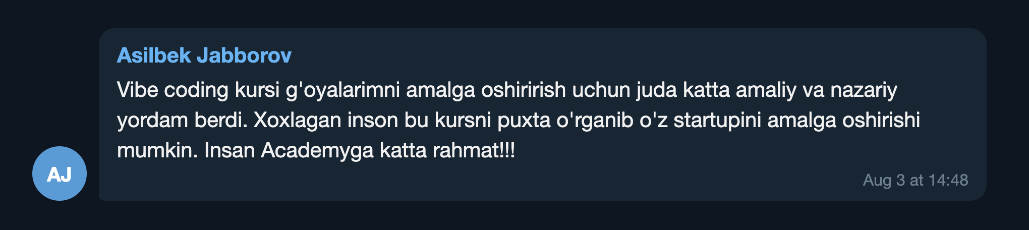 Asilbek Jabborovning kurs haqidagi fikri